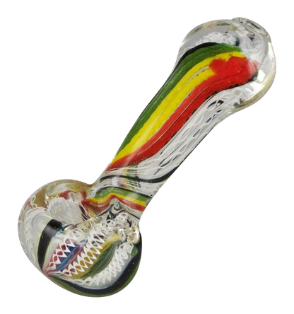 A close-up of the Worked Rasta Hand Pipe, showing the red, yellow, and green striped glass design in a side view.