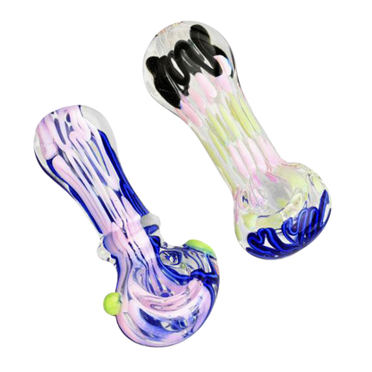 A close-up, angled view of the Worked Slime Strands Hand Pipe, showing colorful strands within the clear glass.