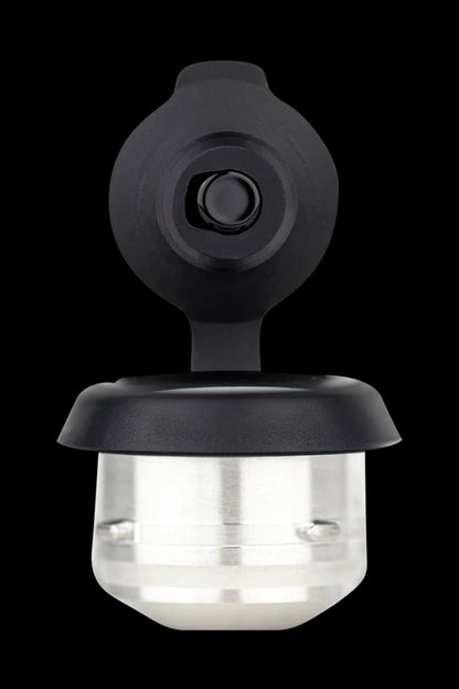 Silver cannabis oil concentrate container with black cap and mouthpiece.