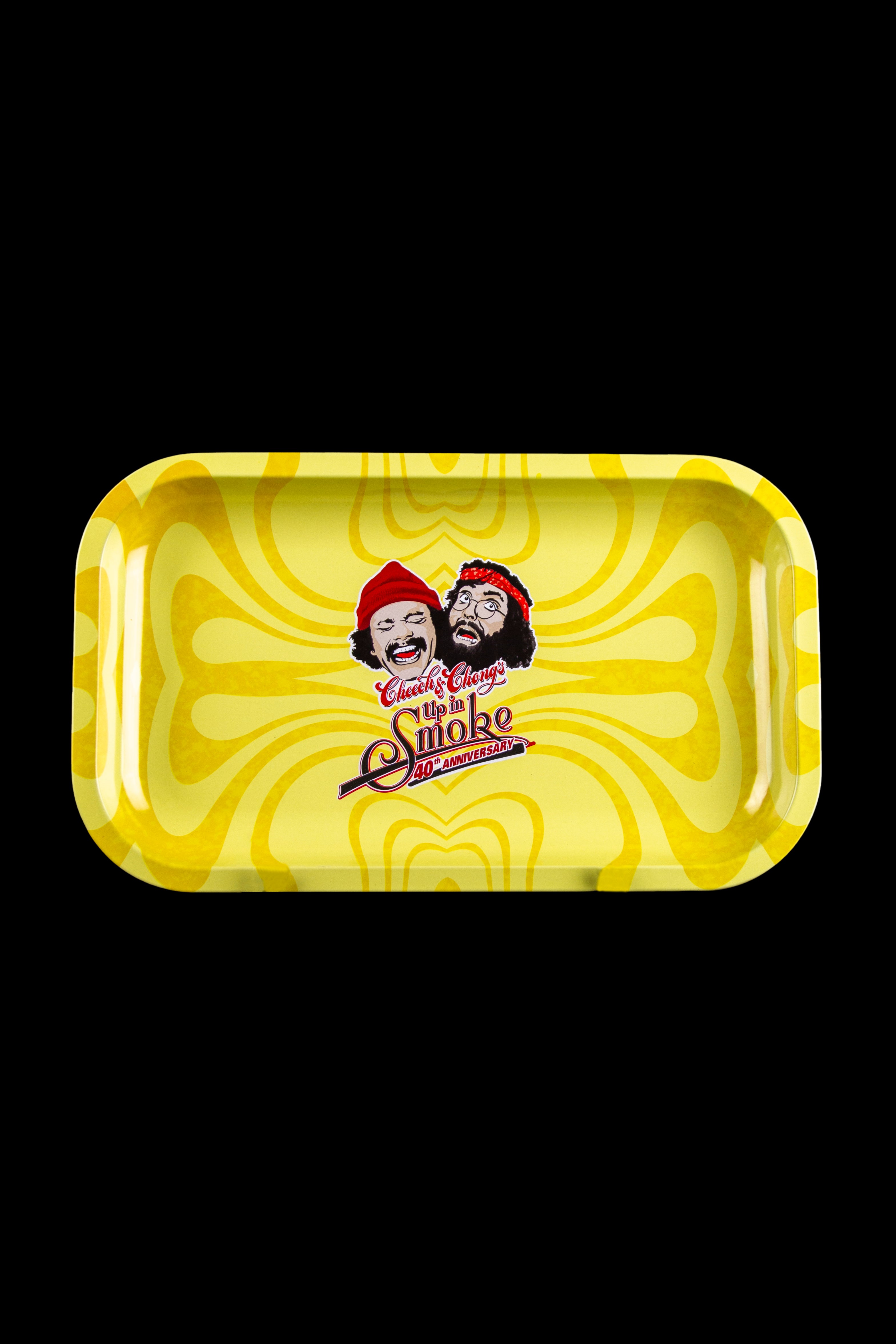 Yellow metal rolling tray featuring Cheech & Chong's "Up in Smoke" 40th anniversary logo. 