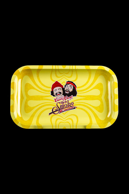 Yellow metal rolling tray featuring Cheech & Chong's "Up in Smoke" 40th anniversary logo. 