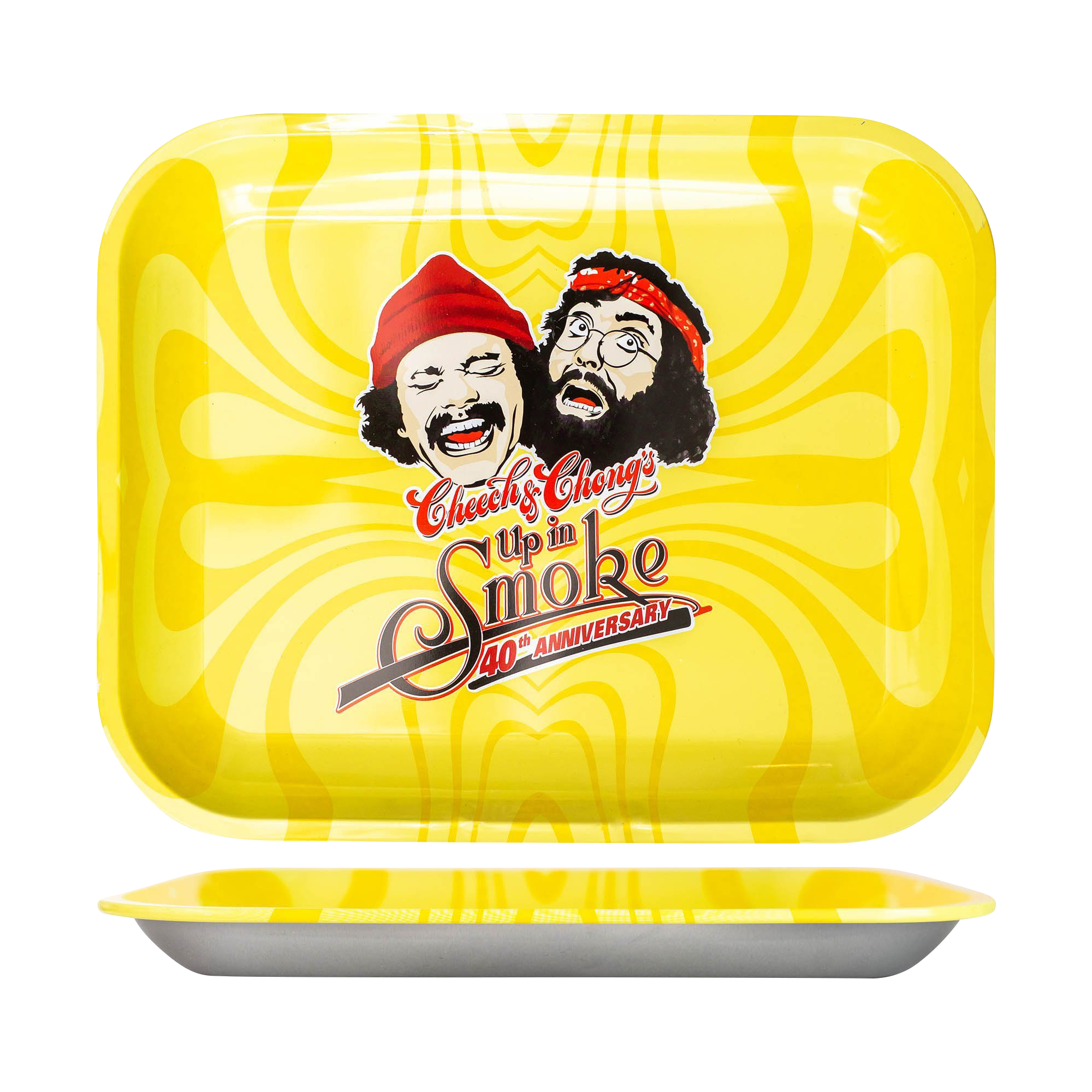 Overhead view of the Cheech & Chong 40th Anniversary Yellow Rolling Tray, showcasing its bright yellow surface.