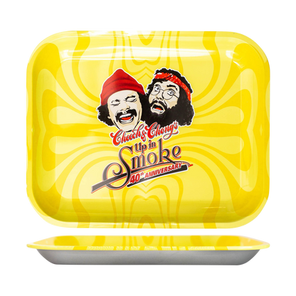 Overhead view of the Cheech & Chong 40th Anniversary Yellow Rolling Tray, showcasing its bright yellow surface.