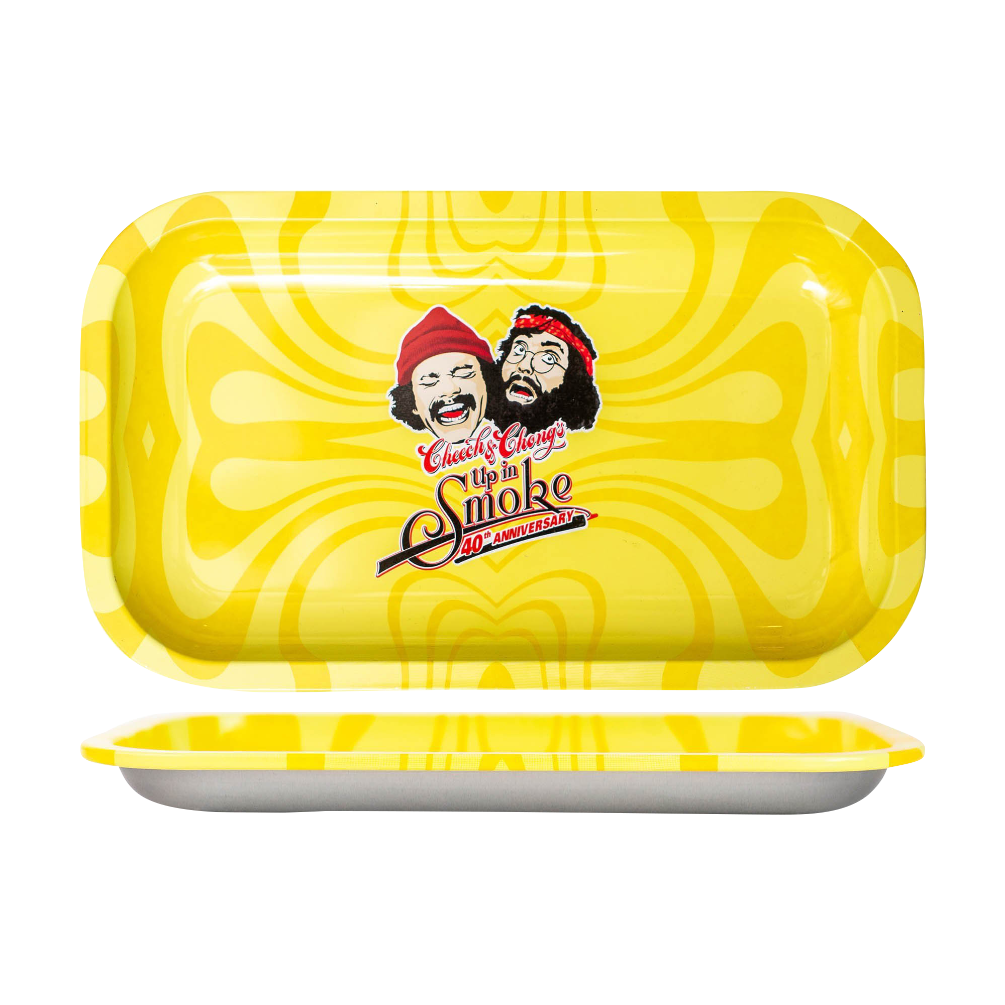 Overhead view of the Cheech & Chong 40th Anniversary Yellow Rolling Tray, showcasing a bright yellow surface with a simple, flat design.