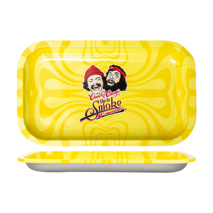 Overhead view of the Cheech & Chong 40th Anniversary Yellow Rolling Tray, showcasing a bright yellow surface with a simple, flat design.