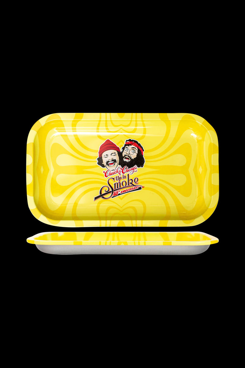 The Cheech & Chong 40th Anniversary Yellow Rolling Tray is shown in a top-down view, featuring a bright yellow surface and curved edges.
