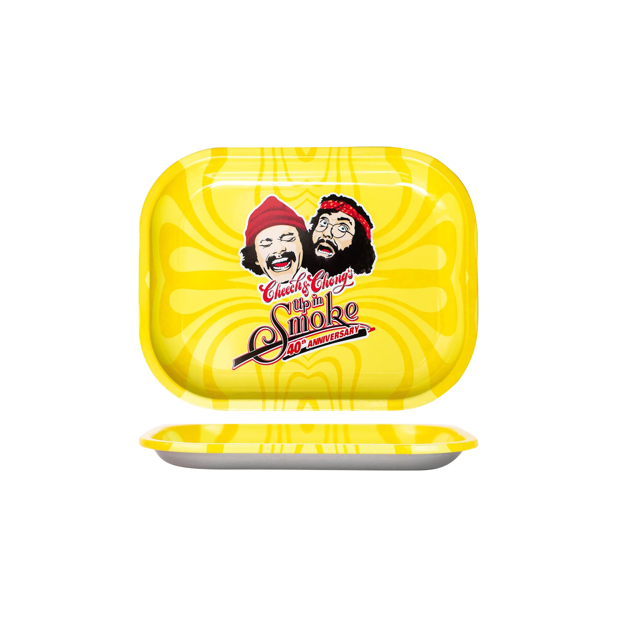 Overhead view of the Cheech & Chong 40th Anniversary Yellow Rolling Tray, showing its smooth, bright yellow surface.