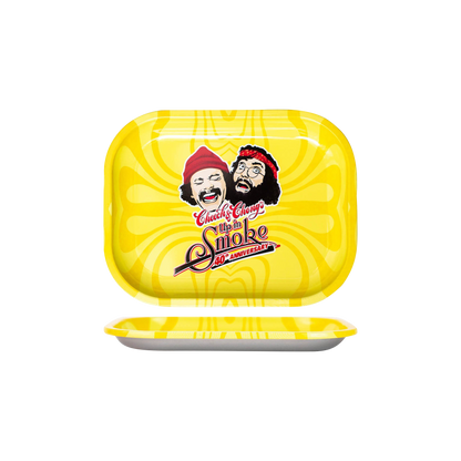Overhead view of the Cheech & Chong 40th Anniversary Yellow Rolling Tray, showing its smooth, bright yellow surface.