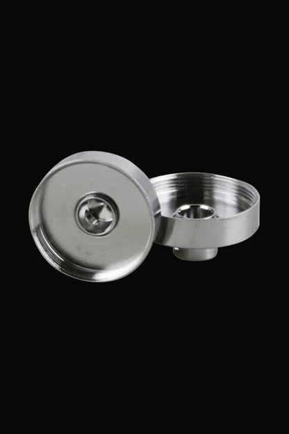 Close-up view of the Yocan Evolve Plus XL Coil Caps, showcasing five silver-colored caps arranged in a circular pattern.