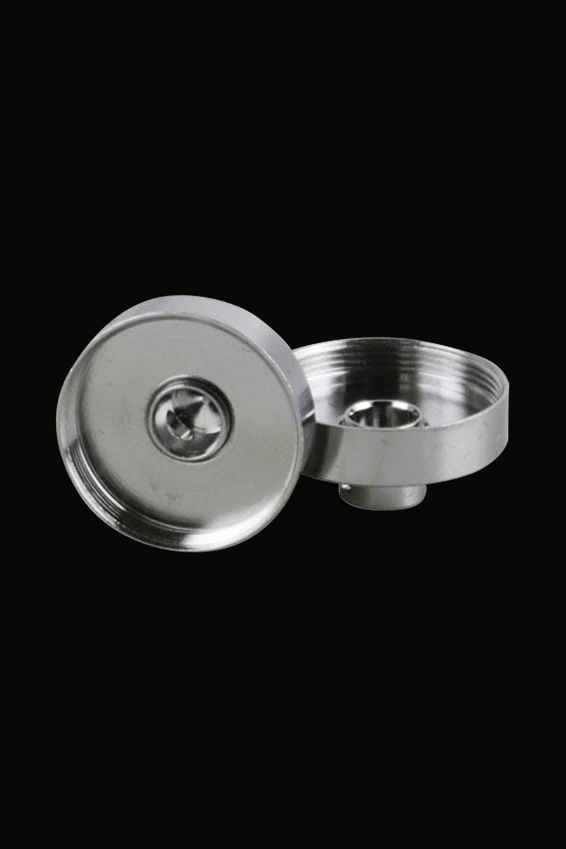 Close-up view of the Yocan Evolve Plus XL Coil Caps, showcasing five silver-colored caps arranged in a circular pattern.