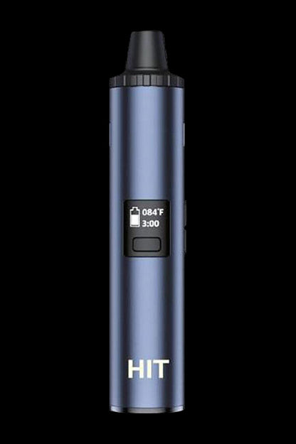 Blue cannabis vaporizer with digital temperature and timer display.