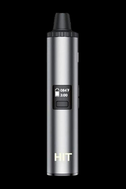 Sleek silver cannabis vaporizer pen with digital display.