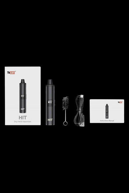 Yocan HIT dry herb vaporizer kit including device, carrying case, cleaning brush, USB charging cable, and instruction manual.