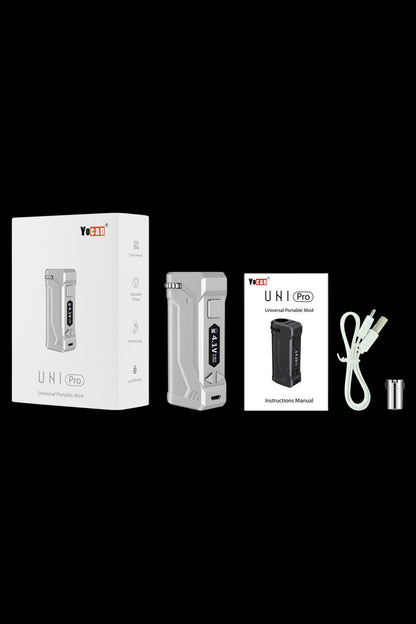 Front view of the Yocan UNI Pro Universal Vaporizer, showing the device and charging cable against a plain white background.