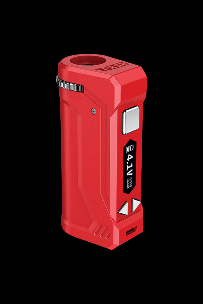 Front view of the Yocan UNI Pro Universal Vaporizer, a compact, black device with a streamlined design and minimal visible details.
