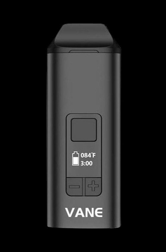 Front view of the Yocan Vane Dry Herb Vaporizer, displaying a sleek, black design with a small digital screen.