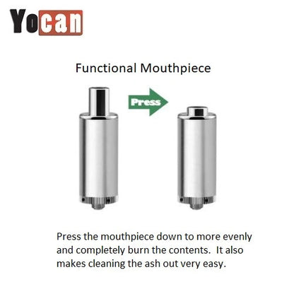[FEATURE] Functional Mouthpiece - Dual function mouthpiece.  Press the mouthpiece down to more evenly and completely burn the contents of your dry herbs.  It also makes cleaning the ash out very easy.