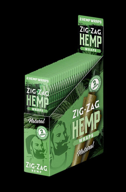 Front view of the Zig Zag Hemp Wraps package, showcasing bold lettering and a dark background.