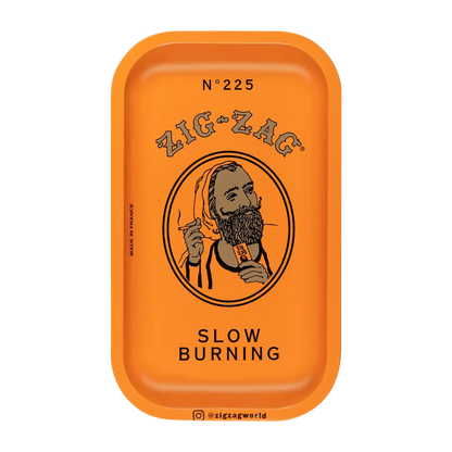 Front view of the Zig Zag Small Metal Orange Rolling Tray with decorative text and a simple, rectangular design.