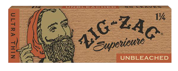 Front view of the Zig Zag 1 1/4" Unbleached Rolling Papers package, displaying a textured, reddish-brown design with bold lettering.