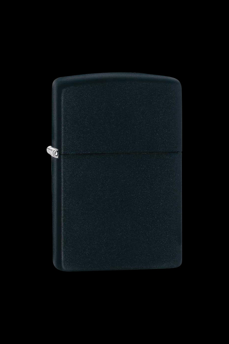 Front view of the Zippo Black Matte Classic Lighter, showcasing its sleek, dark finish and rectangular shape against a plain background.