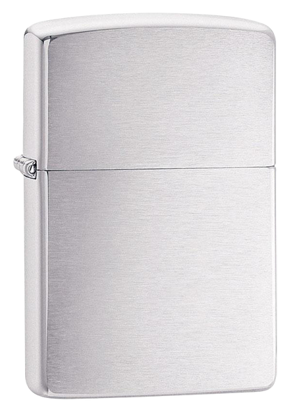 A front view of the Zippo Brushed Chrome Classic Lighter, showcasing its sleek, metallic finish and rectangular form.