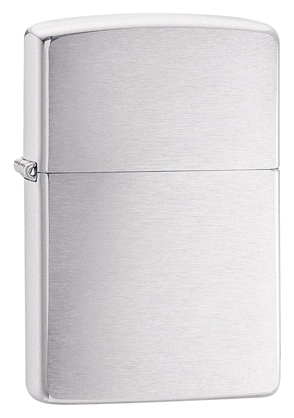 A front view of the Zippo Brushed Chrome Classic Lighter, showcasing its sleek, metallic finish and rectangular form.