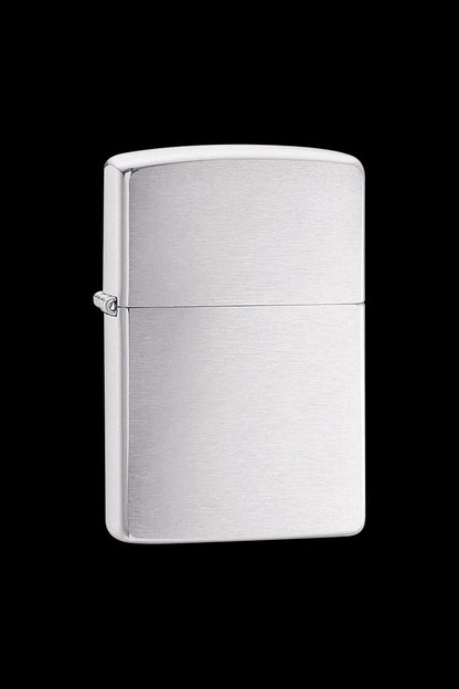 Front view of the Zippo Brushed Chrome Classic Lighter, showcasing its sleek, metallic finish and simple rectangular form.