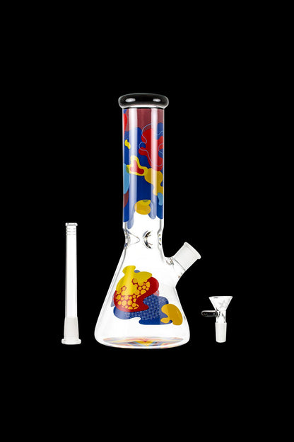 A front view of the Famous Brandz "Papaya" Glass Beaker Ice Bong, showcasing its clear glass construction and detailed orange papaya design.