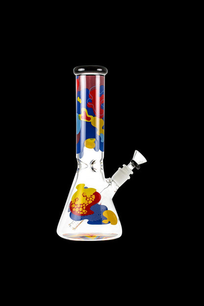 Front view of the Famous Brandz "Papaya" Glass Beaker Ice Bong, displaying a colorful design on clear glass.