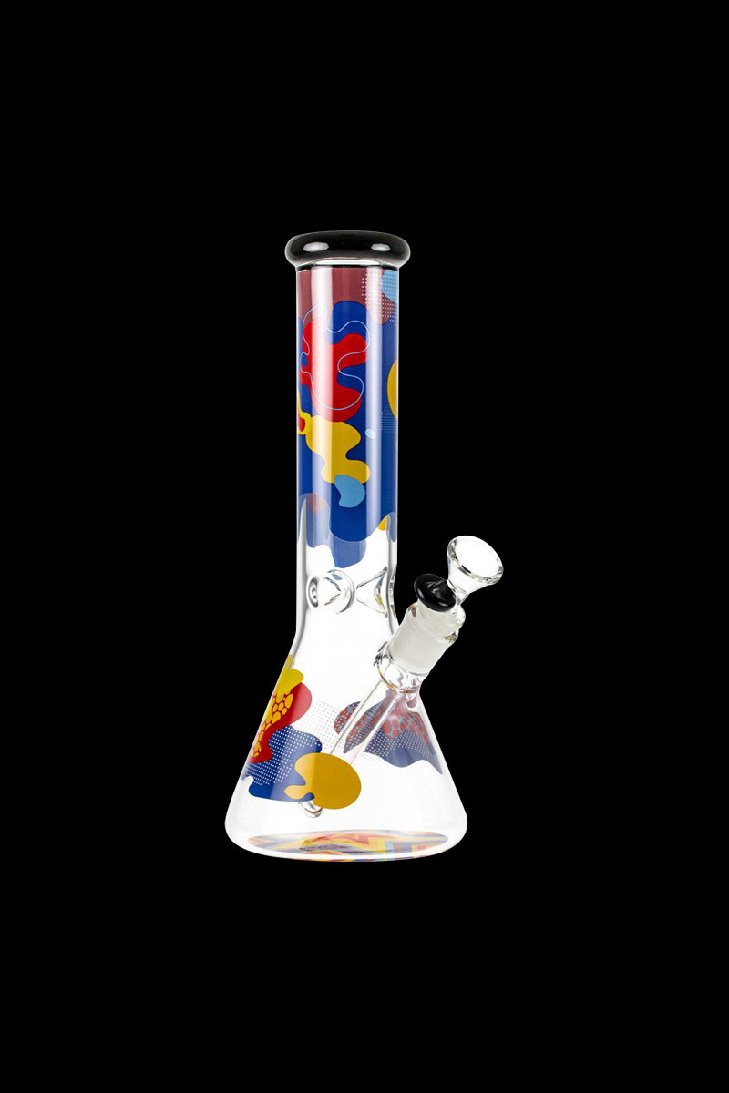 Front view of the Famous Brandz "Papaya" Glass Beaker Ice Bong, showcasing its colorful design against a plain black background.