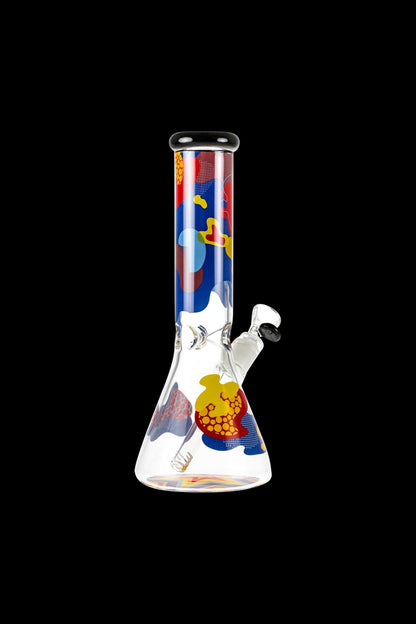 Front view of the Famous Brandz "Papaya" Glass Beaker Ice Bong, showcasing vibrant patterns on clear glass.