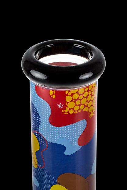 Front view of the Famous Brandz "Papaya" Glass Beaker Ice Bong, showcasing a colorful patterned glass design.