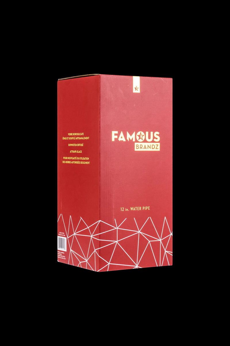 Three-quarter view of the red Famous Brandz Glass Beaker Ice Bong - Space retail box against a black background, showing gold logo and white geometric pattern.