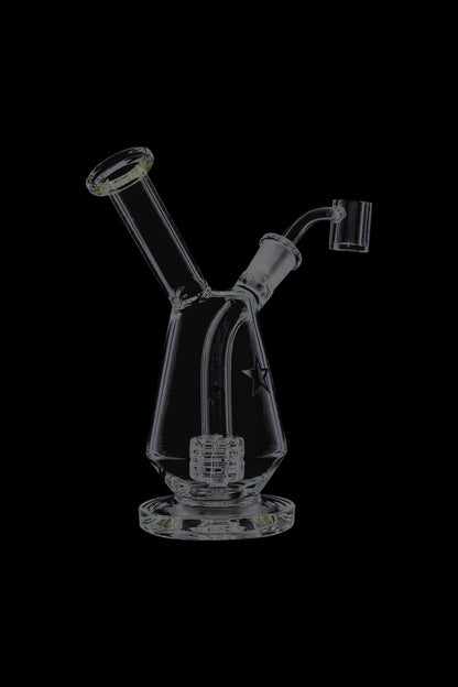 Angled front view of the Famous X Drip Dab Rig on a black background, showing its clear glass body, star detail, and percolator.