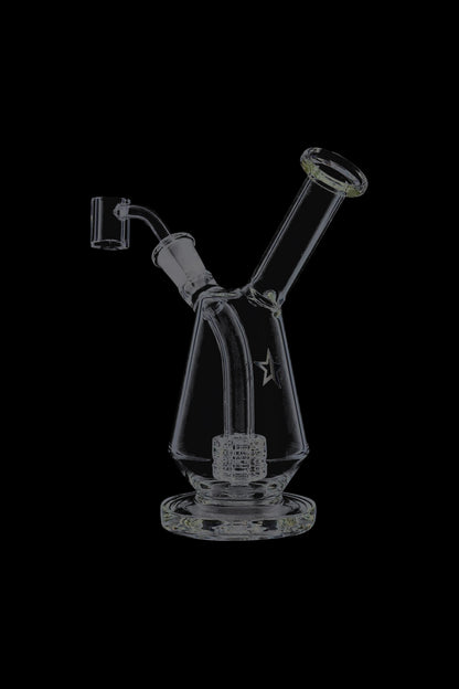 Angled front view of the clear Famous X Drip Dab Rig on a black background, showing its conical body, percolator, and slanted mouthpiece.