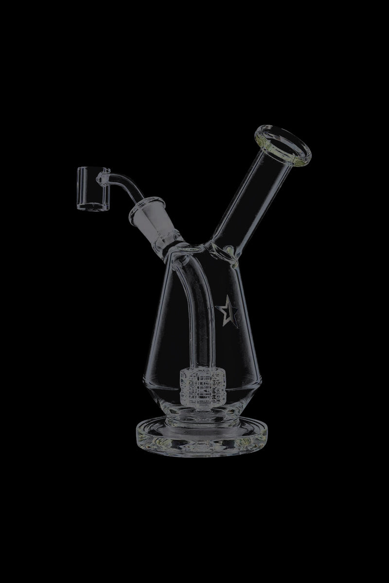Angled front view of the clear Famous X Drip Dab Rig on a black background, showing its conical body, percolator, and slanted mouthpiece.