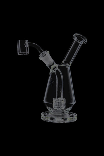 Center-lit clear glass Famous X Drip Dab Rig shown from a slightly angled front view against a black background.