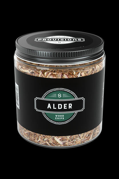 Glass jar filled with wood chips labeled “Alder” with cannabis leaf-inspired branding.