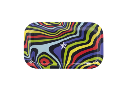 Overhead view of the Famous Brandz "Amnesia" Rolling Tray, displaying a colorful, swirling pattern on its flat surface.