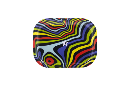 Front view of the Famous Brandz "Amnesia" Rolling Tray, displaying a swirling, colorful pattern against a solid black background.