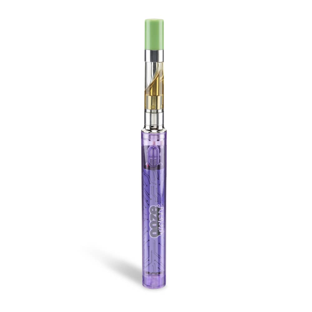 Purple and clear cannabis vape cartridge with green mouthpiece.