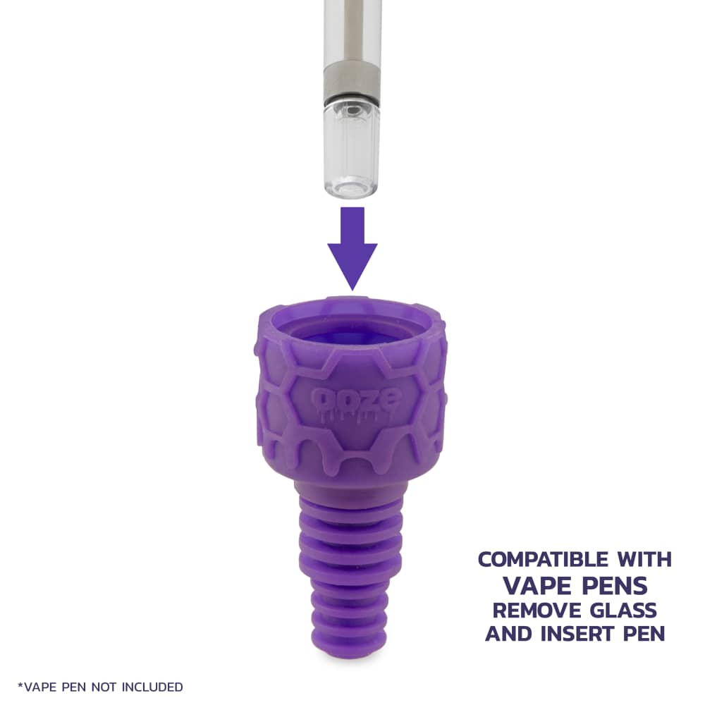 Purple silicone vape pen adapter with directional arrow indicating insertion point for a vape cartridge. <start_of_image>