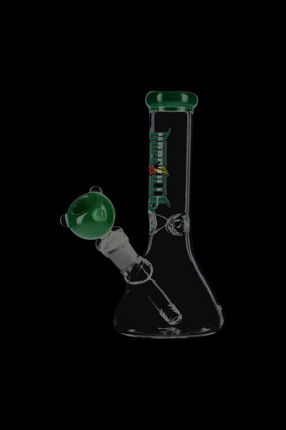 A three-quarter view of the Dopezilla Lil Zilla Beaker Base Ice Bong, showcasing its clear glass construction and rounded base.