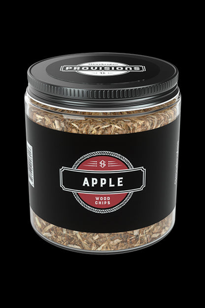 Glass jar filled with dried apple wood chips for smoking, labeled with a black and white design.