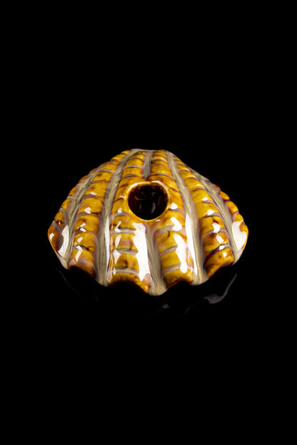 A close-up, angled view of the Art of Smoke Clamshell Pipe, a ceramic piece with a textured, shell-like design.