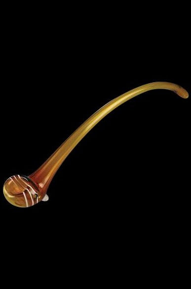 Curved glass pipe with amber and brown swirls against a black background.