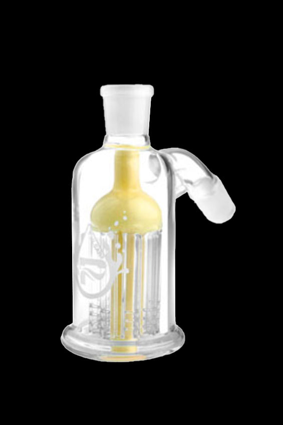 Clear glass bubbler water pipe with yellow accents and intricate etched design.
