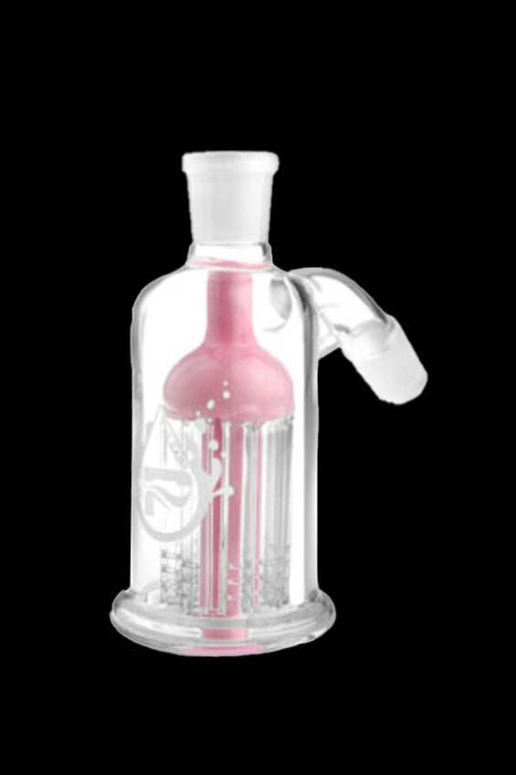 Pink glass bubbler with ice chamber for cannabis use.