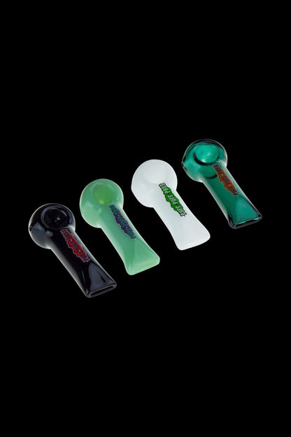 A studio shot of the 4-inch Puff Puff Pass hand pipe, showing its smooth, curved design against a dark backdrop.